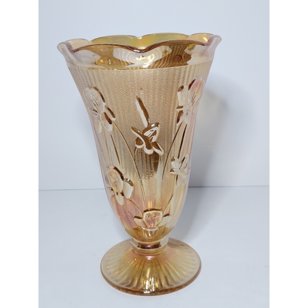 Vtg Jeannette Marigold Carnival Glass Iris Herringbone Footed Ruffled Rim Vase